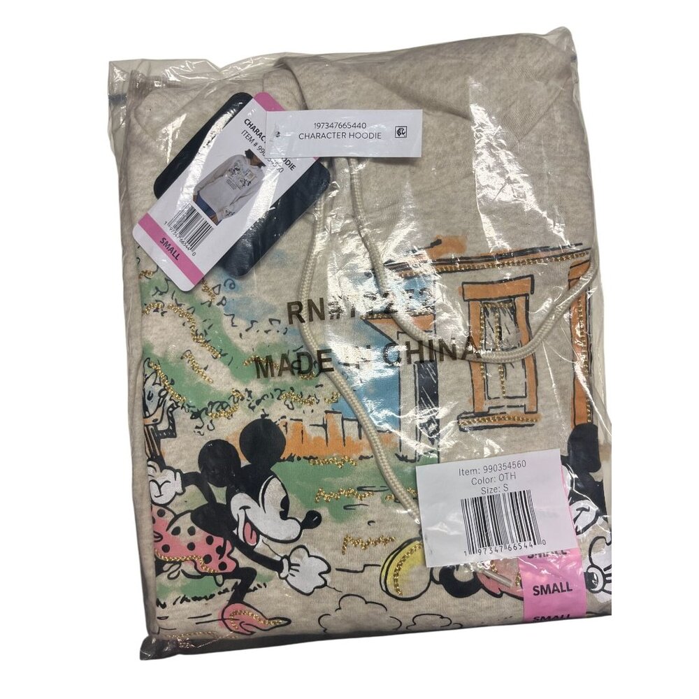 Disney Mickey & Minnie Graphic Hoodie Beige Small Cotton Womens Pullover Sweatsh